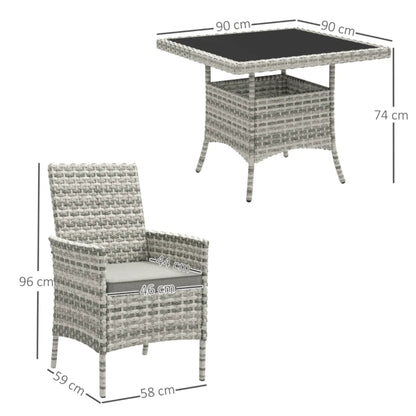 Outsunny Rattan Garden Furniture Set, Outdoor Dining Table and Chairs 4 Seater with Cushions, Square Tempered Glass Top, 4 Armchairs, for Balcony, Terrace, Conservatory