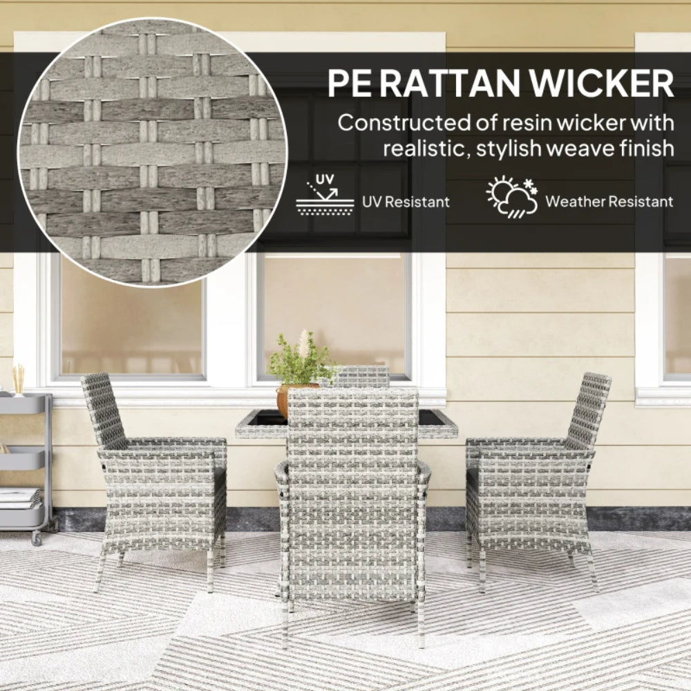 Outsunny Rattan Garden Furniture Set, Outdoor Dining Table and Chairs 4 Seater with Cushions, Square Tempered Glass Top, 4 Armchairs, for Balcony, Terrace, Conservatory