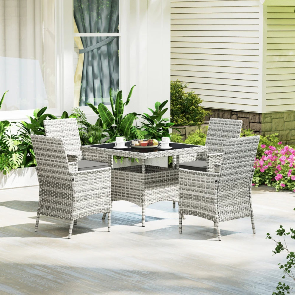 Outsunny Rattan Garden Furniture Set, Outdoor Dining Table and Chairs 4 Seater with Cushions, Square Tempered Glass Top, 4 Armchairs, for Balcony, Terrace, Conservatory