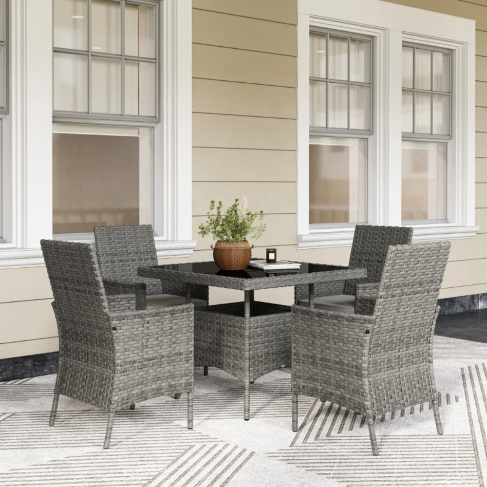 Outsunny Rattan Garden Furniture Set, Outdoor Dining Table and Chairs 4 Seater with Cushions, Square Tempered Glass Top, 4 Armchairs, for Balcony, Terrace, Conservatory