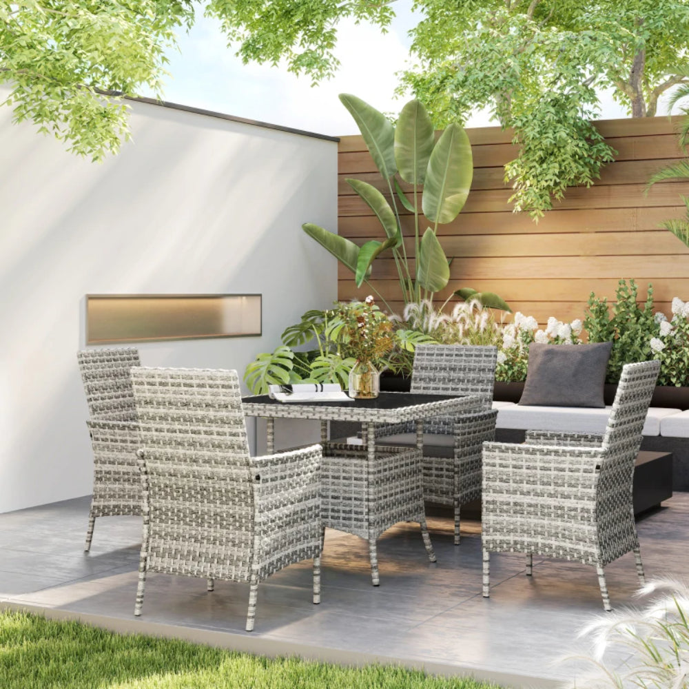 Outsunny Rattan Garden Furniture Set, Outdoor Dining Table and Chairs 4 Seater with Cushions, Square Tempered Glass Top, 4 Armchairs, for Balcony, Terrace, Conservatory