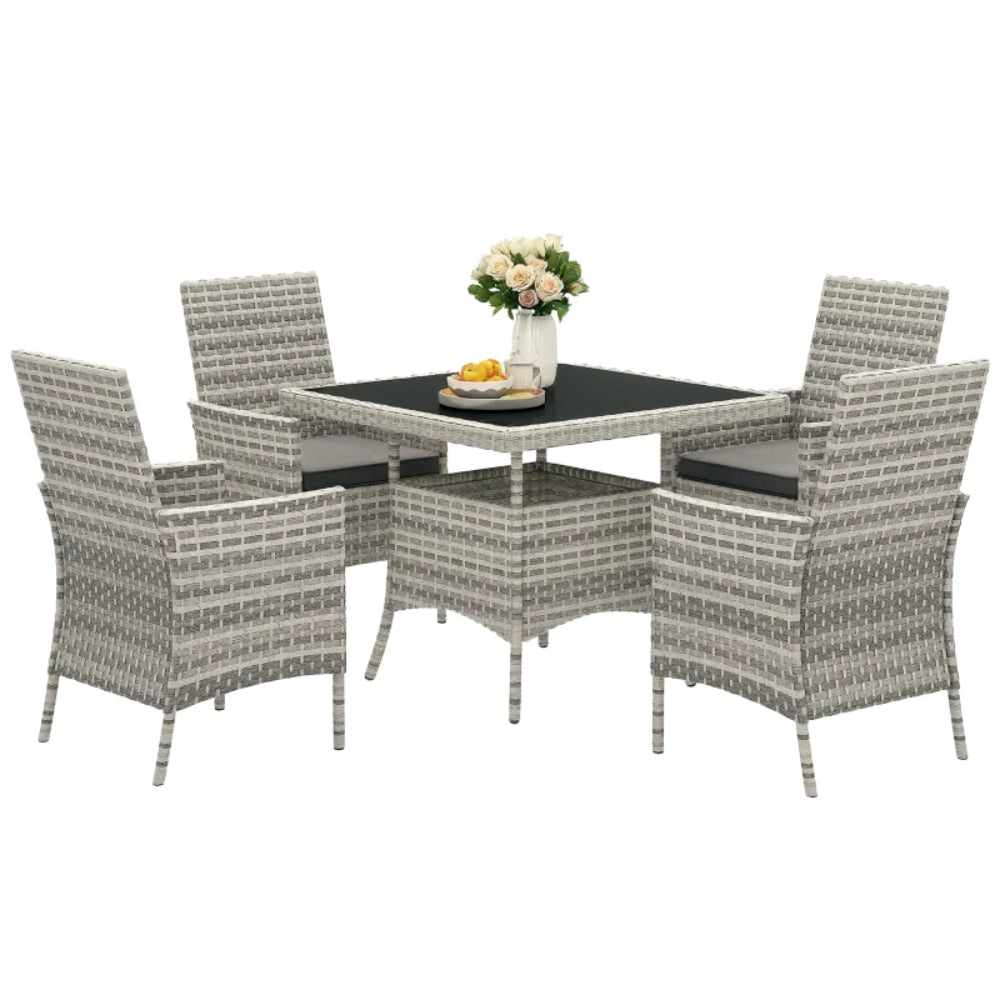 Outsunny Rattan Garden Furniture Set, Outdoor Dining Table and Chairs 4 Seater with Cushions, Square Tempered Glass Top, 4 Armchairs, for Balcony, Terrace, Conservatory