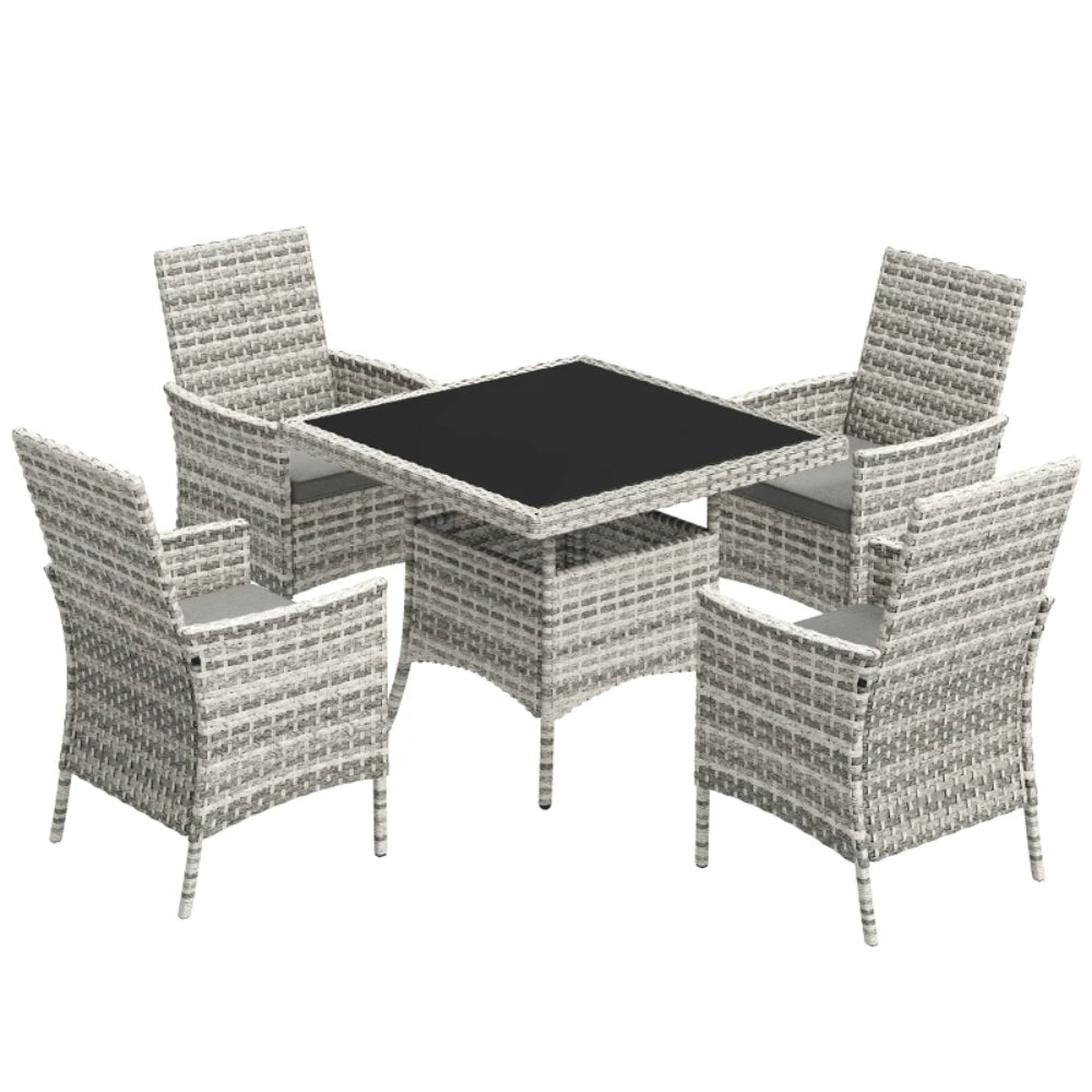 Outsunny Rattan Garden Furniture Set, Outdoor Dining Table and Chairs 4 Seater with Cushions, Square Tempered Glass Top, 4 Armchairs, for Balcony, Terrace, Conservatory