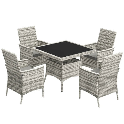 Outsunny Rattan Garden Furniture Set, Outdoor Dining Table and Chairs 4 Seater with Cushions, Square Tempered Glass Top, 4 Armchairs, for Balcony, Terrace, Conservatory