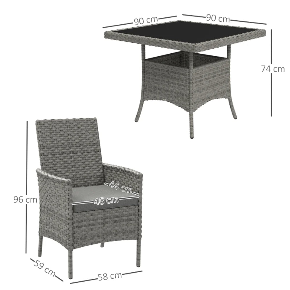 Outsunny Rattan Garden Furniture Set, Outdoor Dining Table and Chairs 4 Seater with Cushions, Square Tempered Glass Top, 4 Armchairs, for Balcony, Terrace, Conservatory