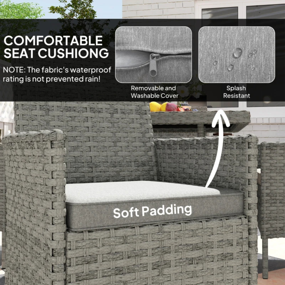 Outsunny Rattan Garden Furniture Set, Outdoor Dining Table and Chairs 4 Seater with Cushions, Square Tempered Glass Top, 4 Armchairs, for Balcony, Terrace, Conservatory