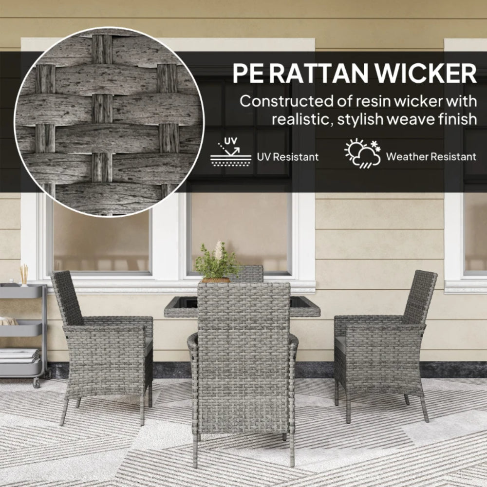 Outsunny Rattan Garden Furniture Set, Outdoor Dining Table and Chairs 4 Seater with Cushions, Square Tempered Glass Top, 4 Armchairs, for Balcony, Terrace, Conservatory
