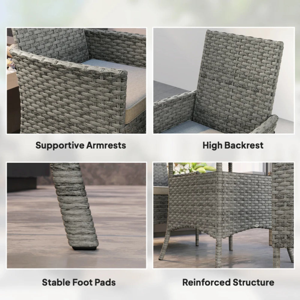 Outsunny Rattan Garden Furniture Set, Outdoor Dining Table and Chairs 4 Seater with Cushions, Square Tempered Glass Top, 4 Armchairs, for Balcony, Terrace, Conservatory