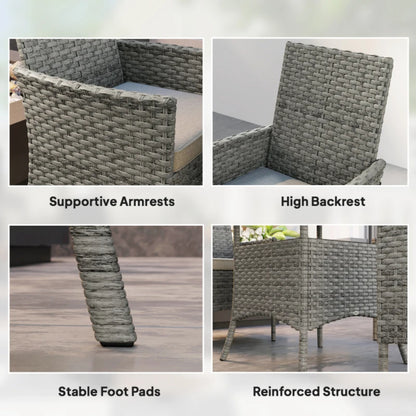 Outsunny Rattan Garden Furniture Set, Outdoor Dining Table and Chairs 4 Seater with Cushions, Square Tempered Glass Top, 4 Armchairs, for Balcony, Terrace, Conservatory