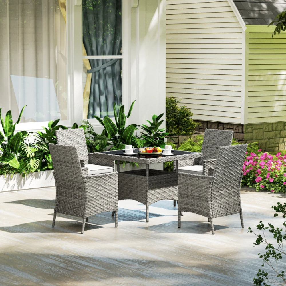 Outsunny Rattan Garden Furniture Set, Outdoor Dining Table and Chairs 4 Seater with Cushions, Square Tempered Glass Top, 4 Armchairs, for Balcony, Terrace, Conservatory