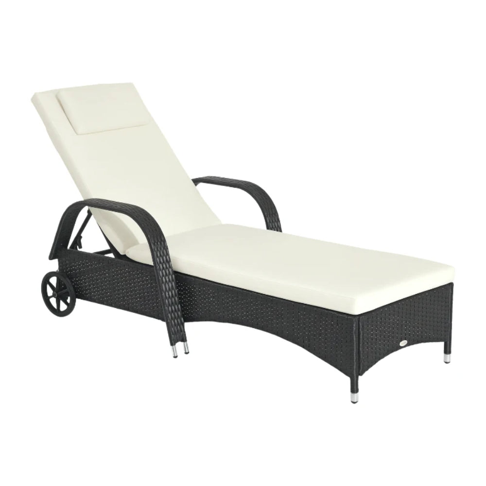 Outsunny Rattan Sun Lounger, Garden Lounger Recliner with Wheels and Adjustable Backrest, Outdoor Reclining Sunbed Garden Chair with Cushion and Headrest for Patio, Beach, Terrace, Black