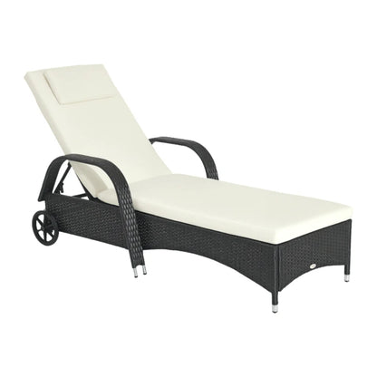Outsunny Rattan Sun Lounger, Garden Lounger Recliner with Wheels and Adjustable Backrest, Outdoor Reclining Sunbed Garden Chair with Cushion and Headrest for Patio, Beach, Terrace, Black
