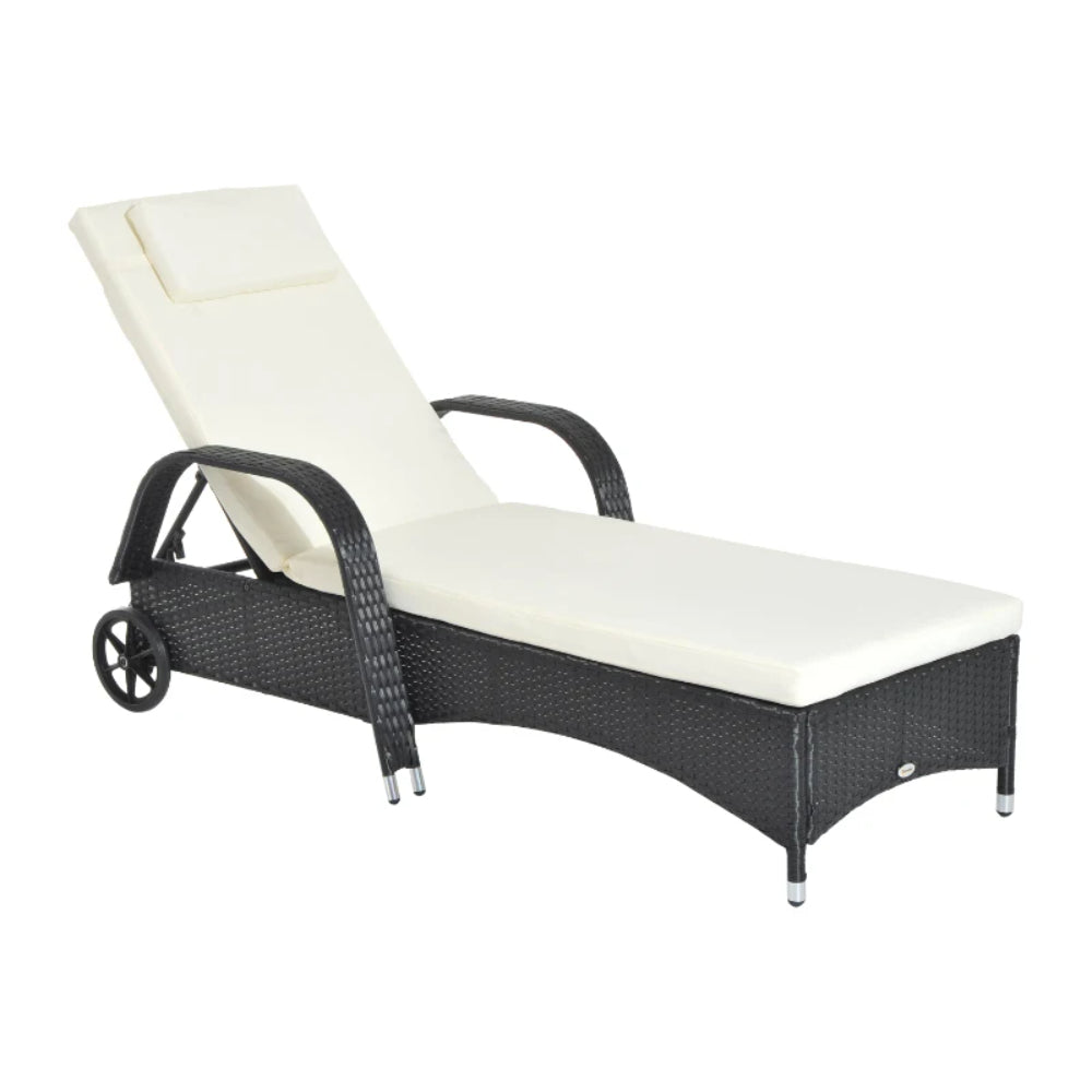 Outsunny Rattan Sun Lounger, Garden Lounger Recliner with Wheels and Adjustable Backrest, Outdoor Reclining Sunbed Garden Chair with Cushion and Headrest for Patio, Beach, Terrace, Black