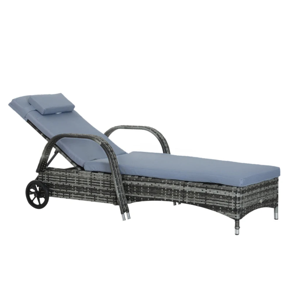 Outsunny Garden Rattan Furniture Single Sun Lounger Recliner Bed Reclining Chair Patio Outdoor Wicker Weave Adjustable Headrest with Fire Retardant Cushion - Grey