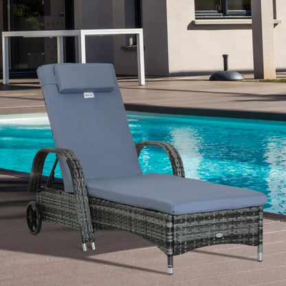Outsunny Garden Rattan Furniture Single Sun Lounger Recliner Bed Reclining Chair Patio Outdoor Wicker Weave Adjustable Headrest with Fire Retardant Cushion - Grey