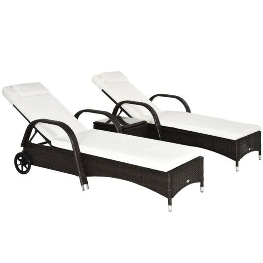 Outsunny Rattan Sun Loungers Set of 2 with Side Table, 3-Piece Garden Furniture Set, Adjustable Recliner Sunlounger Sunbed with Cushions & Headrest, Wheels, Outdoor Patio Daybed, Brown