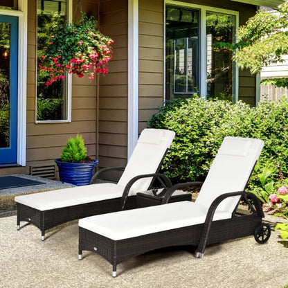 Outsunny Rattan Sun Loungers Set of 2 with Side Table, 3-Piece Garden Furniture Set, Adjustable Recliner Sunlounger Sunbed with Cushions & Headrest, Wheels, Outdoor Patio Daybed, Brown