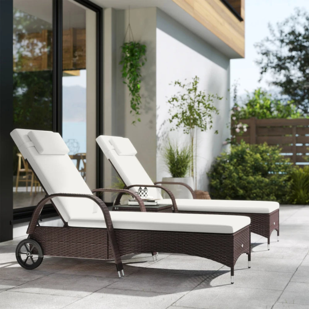 Outsunny Rattan Sun Loungers Set of 2 with Side Table, 3-Piece Garden Furniture Set, Adjustable Recliner Sunlounger Sunbed with Cushions & Headrest, Wheels, Outdoor Patio Daybed, Brown