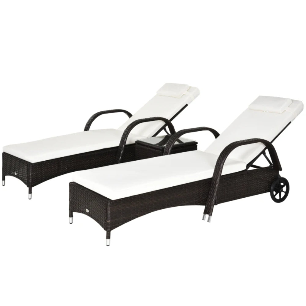 Outsunny Rattan Sun Loungers Set of 2 with Side Table, 3-Piece Garden Furniture Set, Adjustable Recliner Sunlounger Sunbed with Cushions & Headrest, Wheels, Outdoor Patio Daybed, Brown