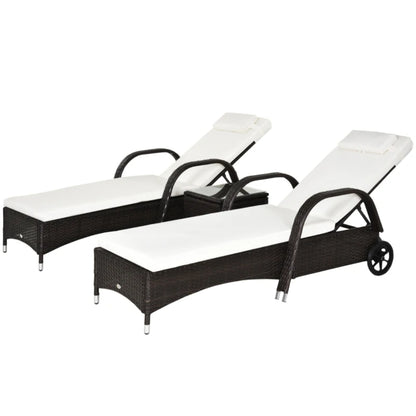 Outsunny Rattan Sun Loungers Set of 2 with Side Table, 3-Piece Garden Furniture Set, Adjustable Recliner Sunlounger Sunbed with Cushions & Headrest, Wheels, Outdoor Patio Daybed, Brown