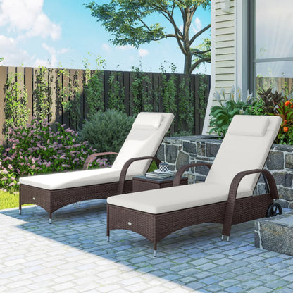 Outsunny Rattan Sun Loungers Set of 2 with Side Table, 3-Piece Garden Furniture Set, Adjustable Recliner Sunlounger Sunbed with Cushions & Headrest, Wheels, Outdoor Patio Daybed, Brown