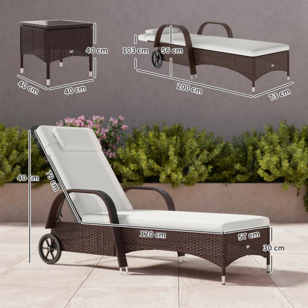 Outsunny Rattan Sun Loungers Set of 2 with Side Table, 3-Piece Garden Furniture Set, Adjustable Recliner Sunlounger Sunbed with Cushions & Headrest, Wheels, Outdoor Patio Daybed, Brown
