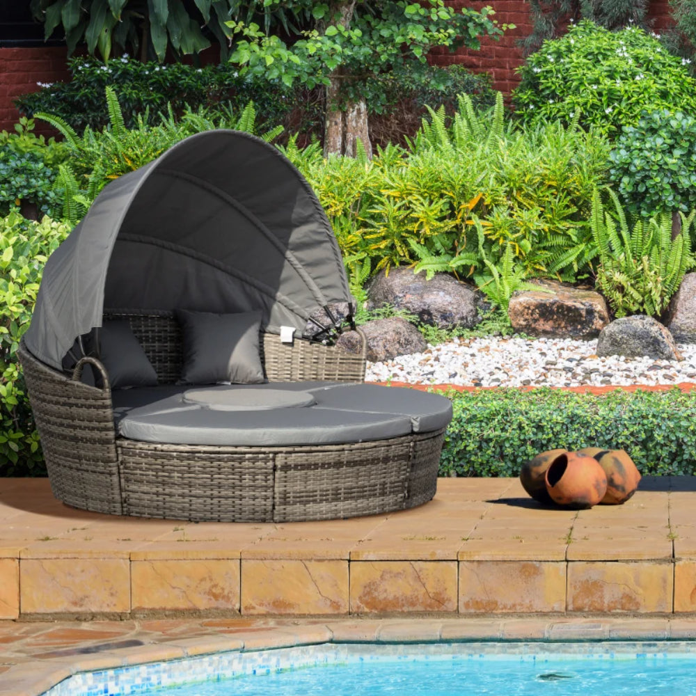 Outsunny Outdoor PE Rattan Garden Furniture with Cushioned, Patio Wicker Conversation Furniture Set, Round Daybed with Retractable Canopy, Coffee Table and Three Pillows, Dark Grey/Grey