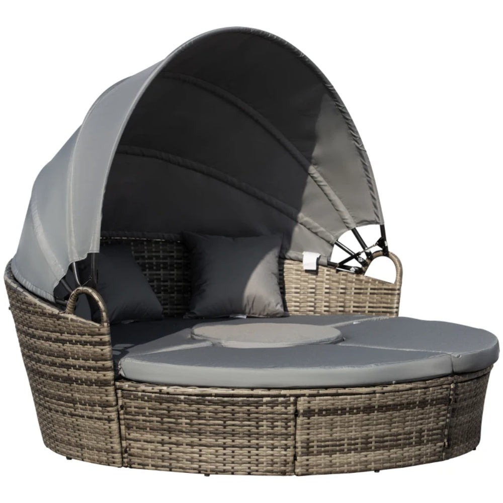 Outsunny Outdoor PE Rattan Garden Furniture with Cushioned, Patio Wicker Conversation Furniture Set, Round Daybed with Retractable Canopy, Coffee Table and Three Pillows, Dark Grey/Grey
