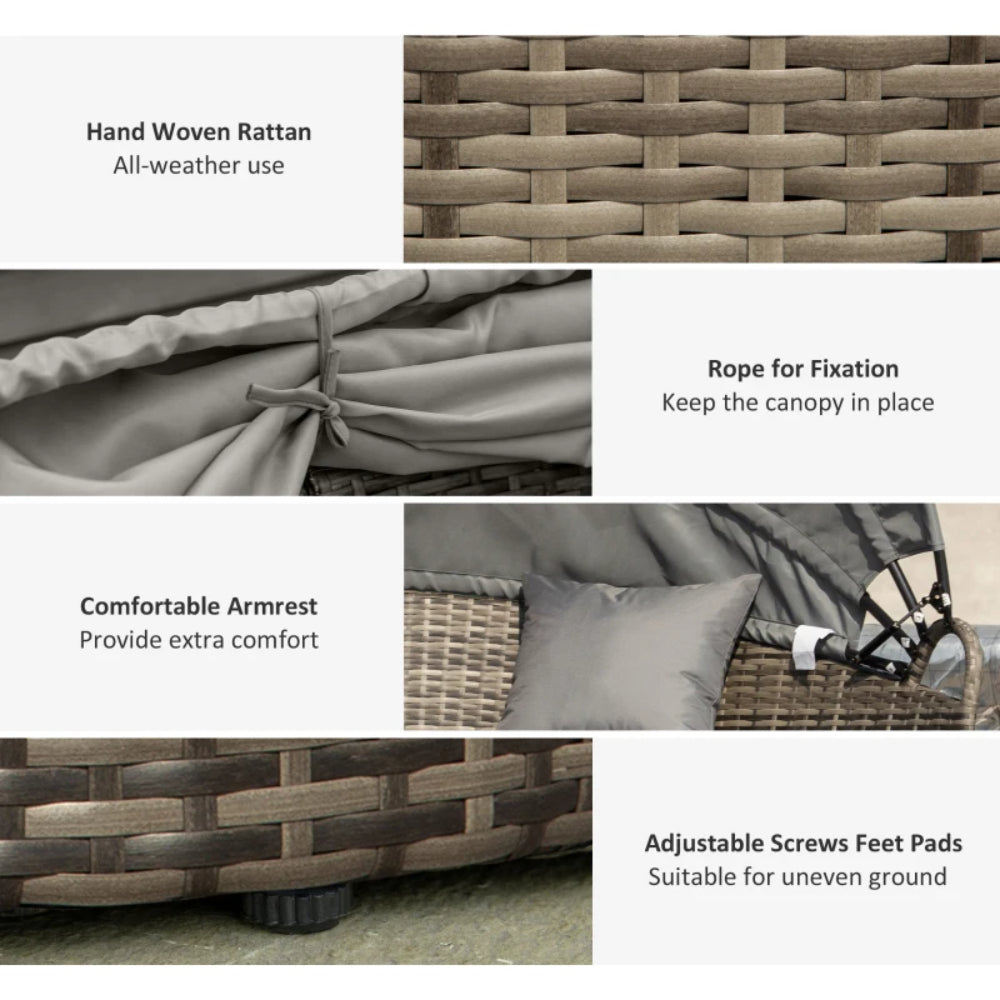Outsunny Outdoor PE Rattan Garden Furniture with Cushioned, Patio Wicker Conversation Furniture Set, Round Daybed with Retractable Canopy, Coffee Table and Three Pillows, Dark Grey/Grey