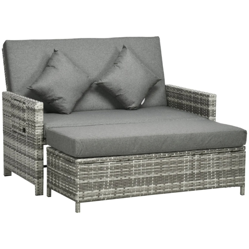 Outsunny Rattan Garden Daybed, Assembled Double Sun Lounger with 5-Level Adjustable Back, Storage Ottoman, Cushions, Pillows and Retractable Trays, Outdoor Loveseat Sofa Bed for Patio, Mixed Grey