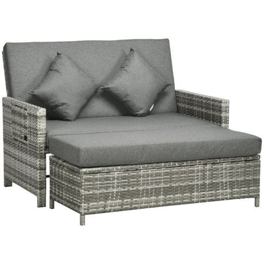 Outsunny Rattan Garden Daybed, Assembled Double Sun Lounger with 5-Level Adjustable Back, Storage Ottoman, Cushions, Pillows and Retractable Trays, Outdoor Loveseat Sofa Bed for Patio, Mixed Grey