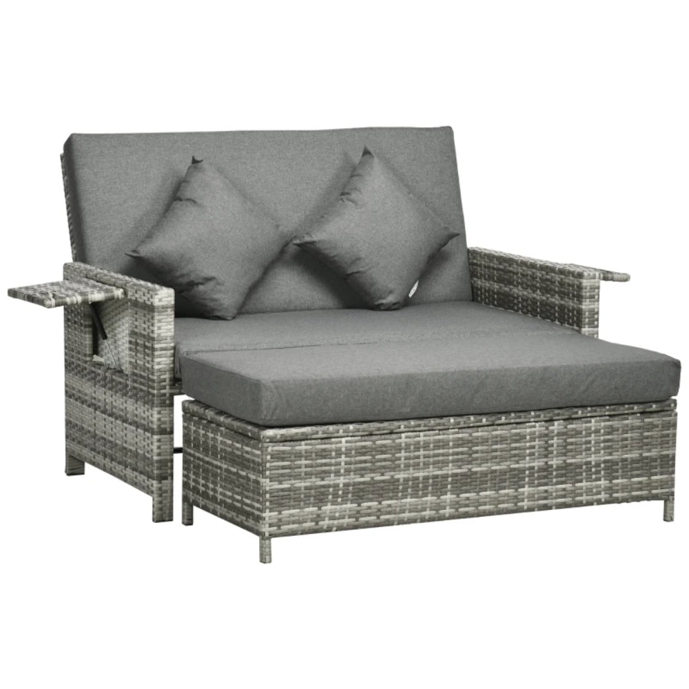 Outsunny Rattan Garden Daybed, Assembled Double Sun Lounger with 5-Level Adjustable Back, Storage Ottoman, Cushions, Pillows and Retractable Trays, Outdoor Loveseat Sofa Bed for Patio, Mixed Grey