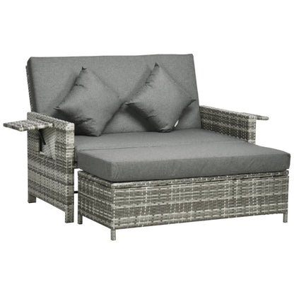 Outsunny Rattan Garden Daybed, Assembled Double Sun Lounger with 5-Level Adjustable Back, Storage Ottoman, Cushions, Pillows and Retractable Trays, Outdoor Loveseat Sofa Bed for Patio, Mixed Grey