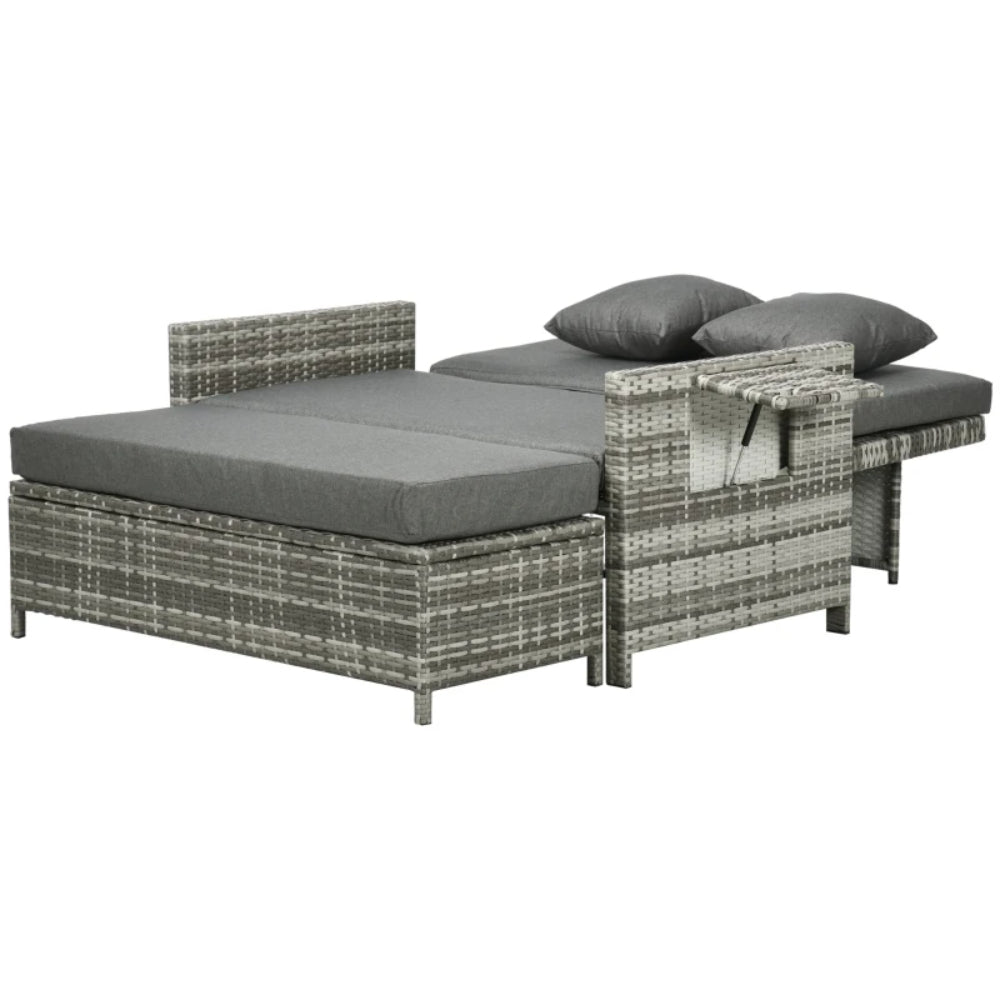 Outsunny Rattan Garden Daybed, Assembled Double Sun Lounger with 5-Level Adjustable Back, Storage Ottoman, Cushions, Pillows and Retractable Trays, Outdoor Loveseat Sofa Bed for Patio, Mixed Grey