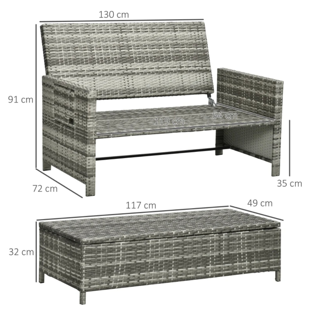 Outsunny Rattan Garden Daybed, Assembled Double Sun Lounger with 5-Level Adjustable Back, Storage Ottoman, Cushions, Pillows and Retractable Trays, Outdoor Loveseat Sofa Bed for Patio, Mixed Grey