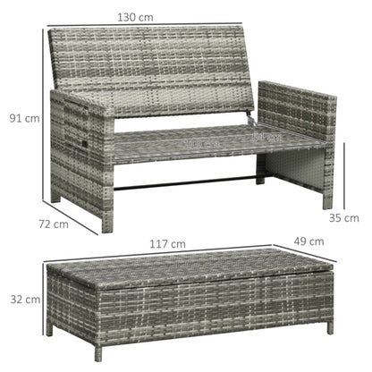 Outsunny Rattan Garden Daybed, Assembled Double Sun Lounger with 5-Level Adjustable Back, Storage Ottoman, Cushions, Pillows and Retractable Trays, Outdoor Loveseat Sofa Bed for Patio, Mixed Grey