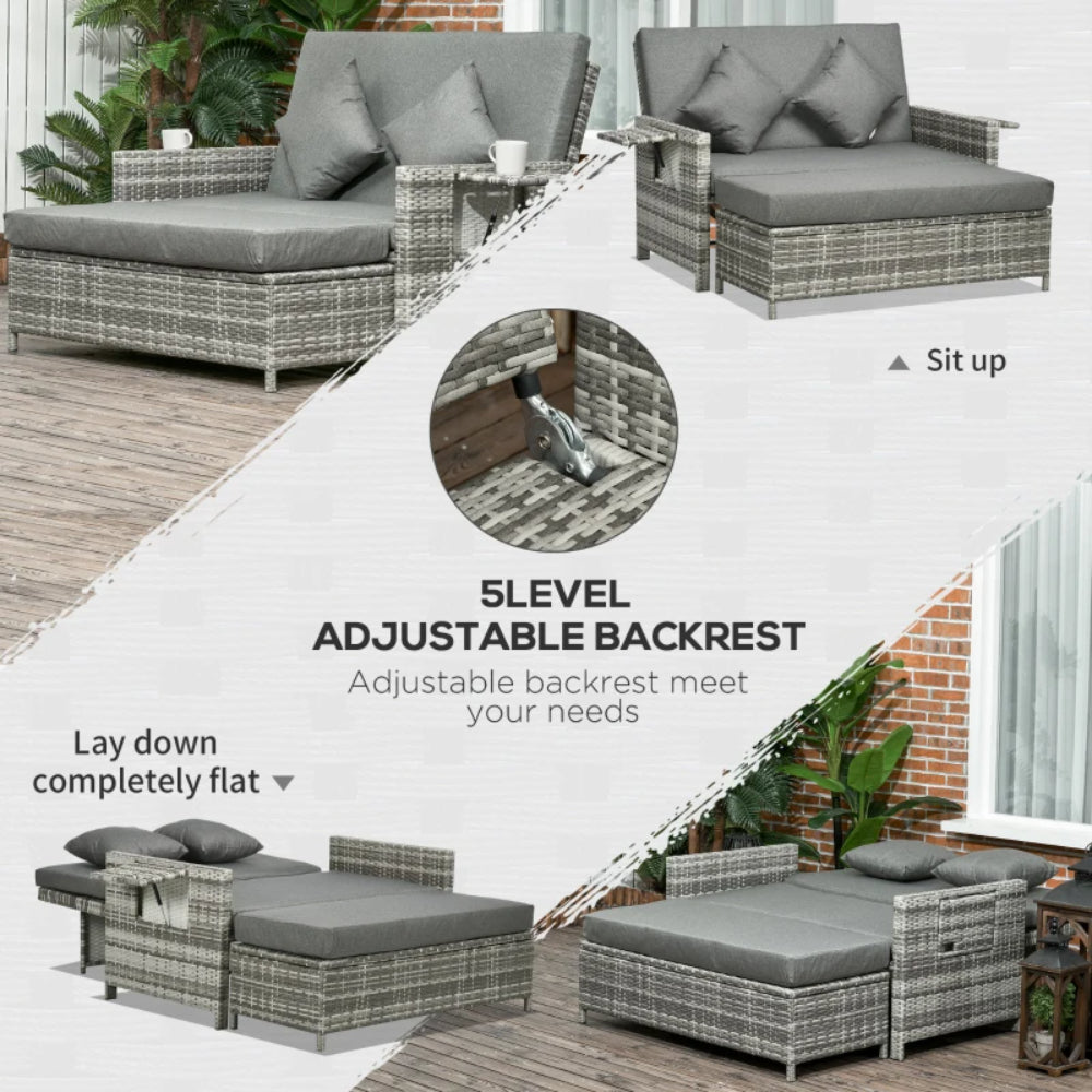 Outsunny Rattan Garden Daybed, Assembled Double Sun Lounger with 5-Level Adjustable Back, Storage Ottoman, Cushions, Pillows and Retractable Trays, Outdoor Loveseat Sofa Bed for Patio, Mixed Grey