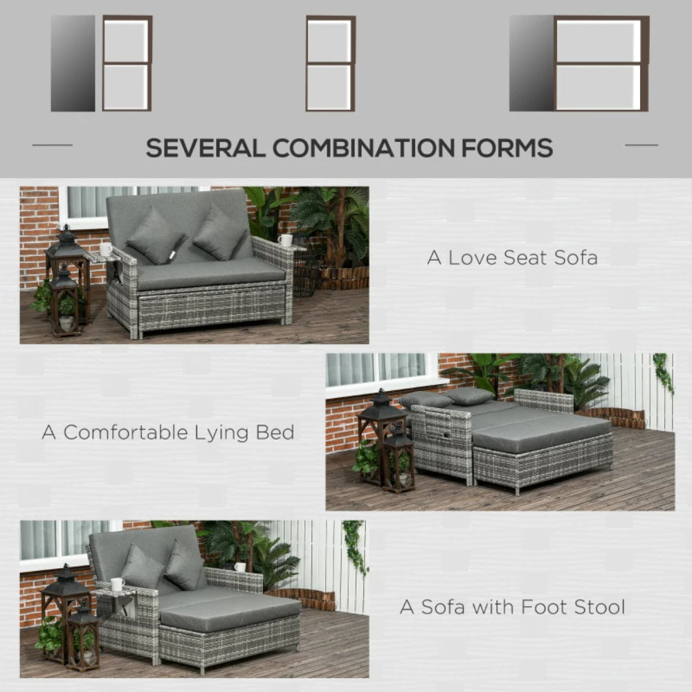 Outsunny Rattan Garden Daybed, Assembled Double Sun Lounger with 5-Level Adjustable Back, Storage Ottoman, Cushions, Pillows and Retractable Trays, Outdoor Loveseat Sofa Bed for Patio, Mixed Grey