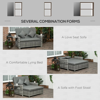 Outsunny Rattan Garden Daybed, Assembled Double Sun Lounger with 5-Level Adjustable Back, Storage Ottoman, Cushions, Pillows and Retractable Trays, Outdoor Loveseat Sofa Bed for Patio, Mixed Grey