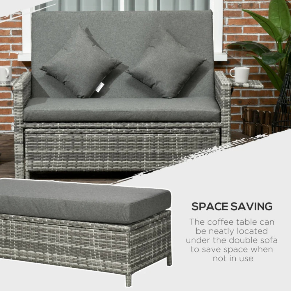 Outsunny Rattan Garden Daybed, Assembled Double Sun Lounger with 5-Level Adjustable Back, Storage Ottoman, Cushions, Pillows and Retractable Trays, Outdoor Loveseat Sofa Bed for Patio, Mixed Grey