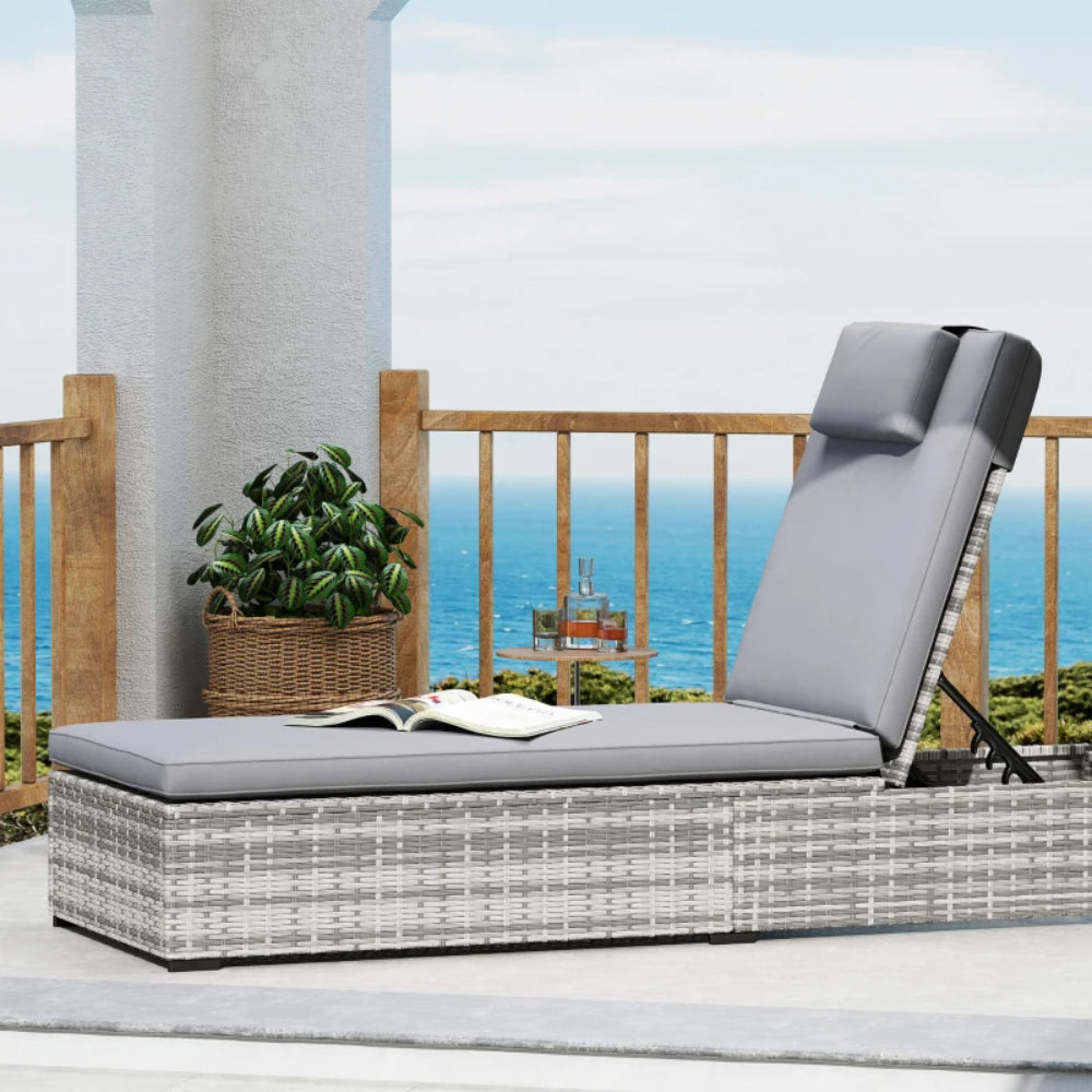 Outsunny Outdoor Patio PE Rattan Lounger with Cushion, 5-Level Reclining Wicker Rattan Sun Lounger with Tea Tray, for Poolside, Patio, Deck, 120kg Weight Capacity, Grey