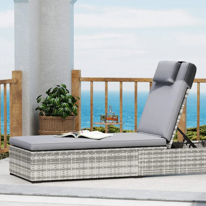 Outsunny Outdoor Patio PE Rattan Lounger with Cushion, 5-Level Reclining Wicker Rattan Sun Lounger with Tea Tray, for Poolside, Patio, Deck, 120kg Weight Capacity, Grey