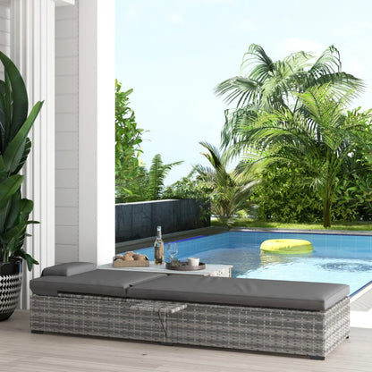 Outsunny Outdoor Patio PE Rattan Lounger with Cushion, 5-Level Reclining Wicker Rattan Sun Lounger with Tea Tray, for Poolside, Patio, Deck, 120kg Weight Capacity, Grey