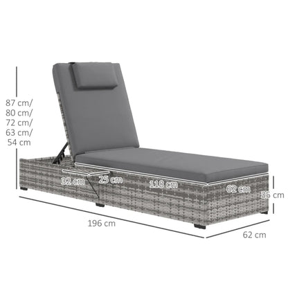 Outsunny Outdoor Patio PE Rattan Lounger with Cushion, 5-Level Reclining Wicker Rattan Sun Lounger with Tea Tray, for Poolside, Patio, Deck, 120kg Weight Capacity, Grey