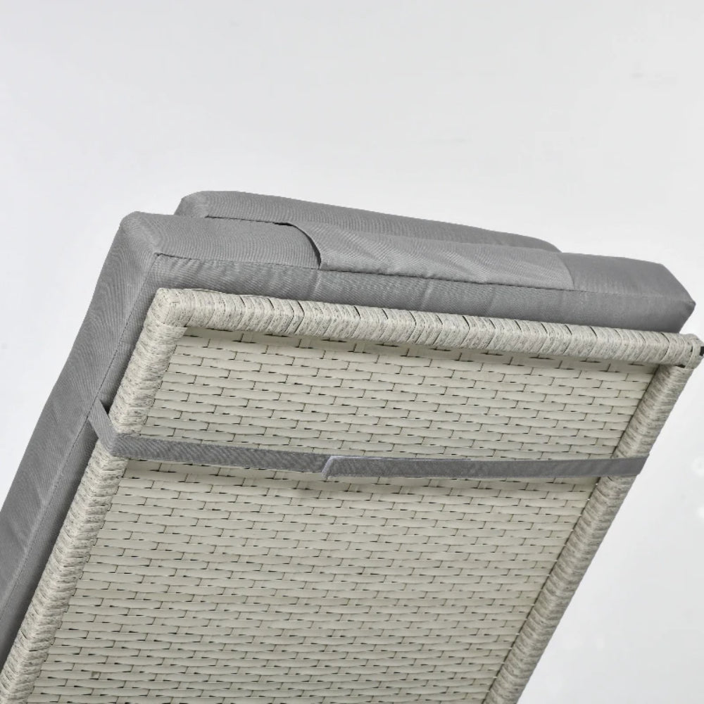 Outsunny 3-piece PE Rattan Sun Lounger Set with Adjustable 5-Position Recliner, Patio Chaise Lounge Chair Set with Cushions, Headrests, Glass Top Square Coffee Table, Light Grey