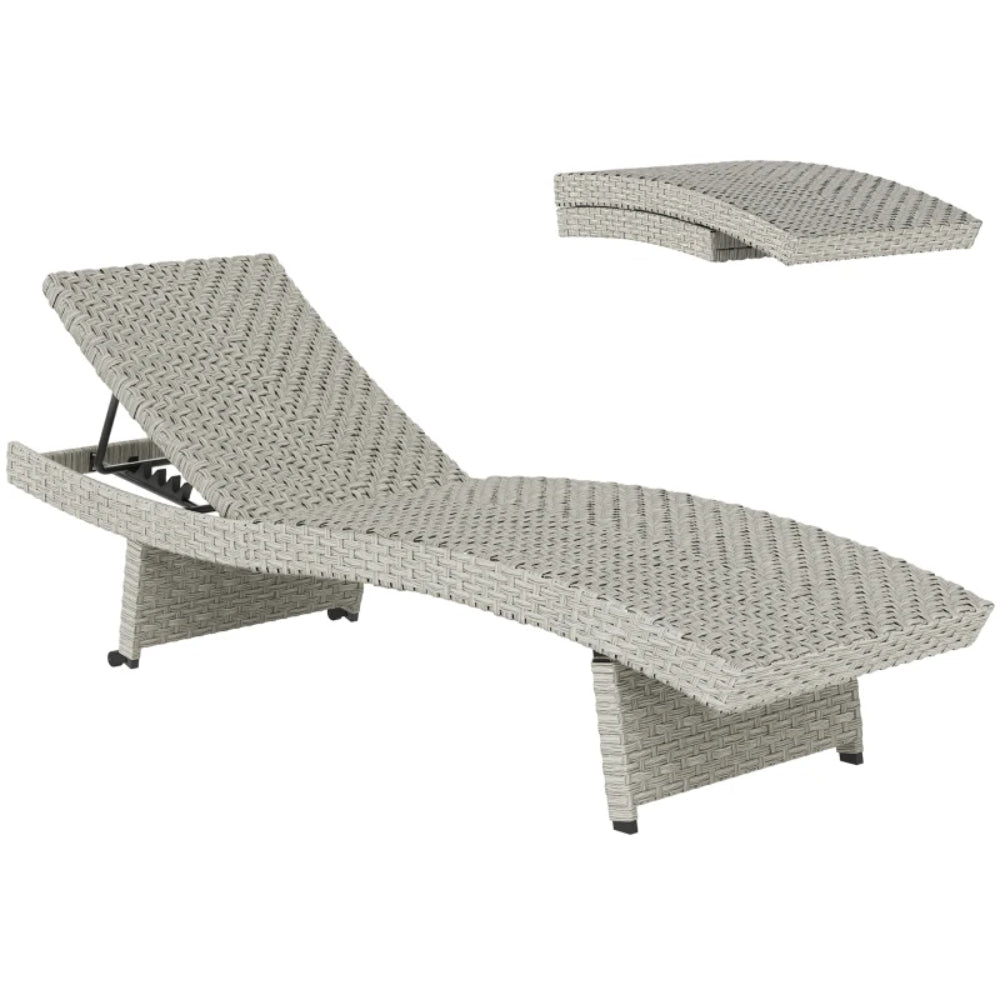 Outsunny Outdoor PE Rattan Sun Lounger, Folding Wicker Garden Lounger Recliner with 4-Level Adjustable Backrest, Rolling Sunbed Lounge Chair with Wheels, Non-Slip Legs for Balcony, Beach