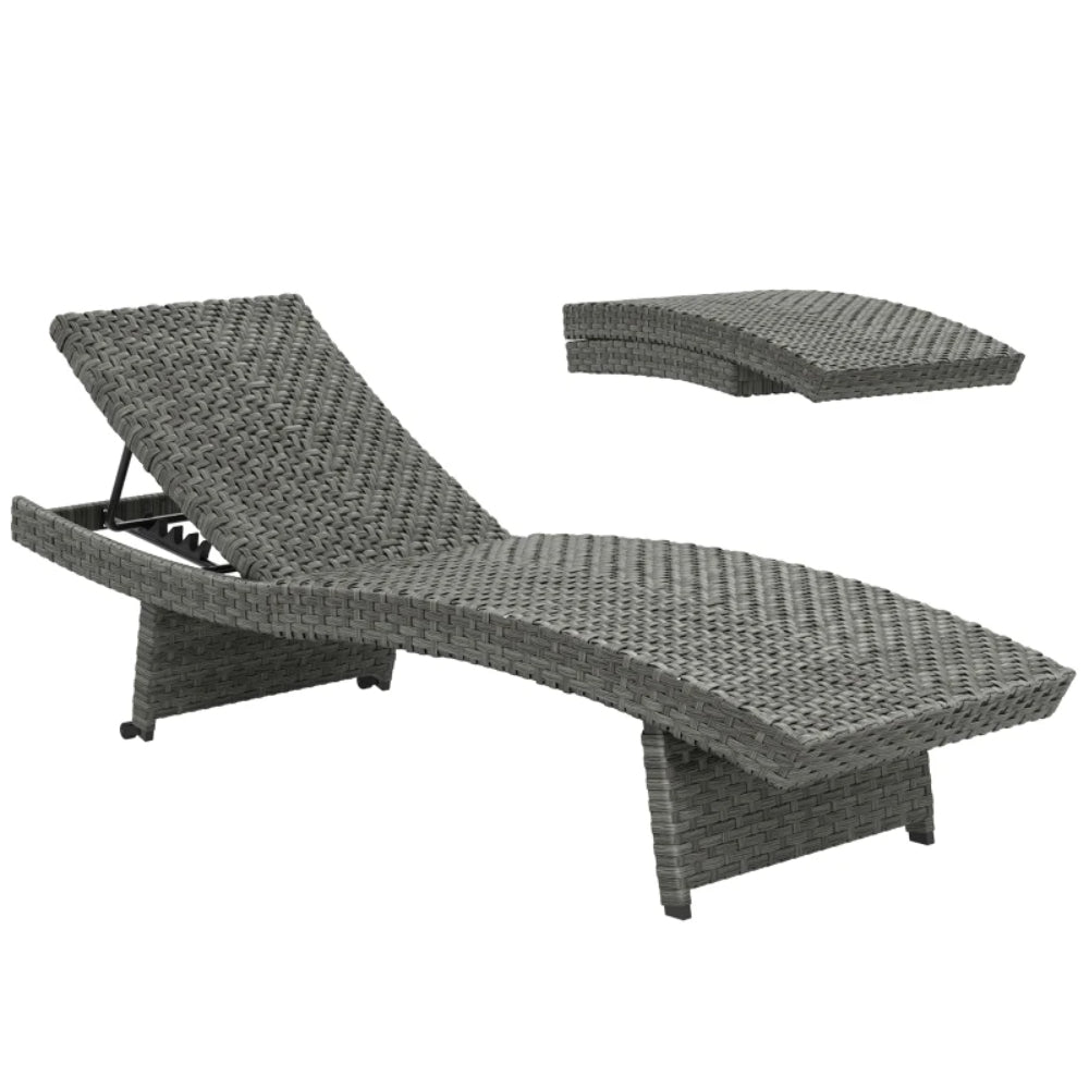 Outsunny Outdoor PE Rattan Sun Lounger, Folding Wicker Garden Lounger Recliner with 4-Level Adjustable Backrest, Rolling Sunbed Lounge Chair with Wheels, Non-Slip Legs for Balcony, Beach