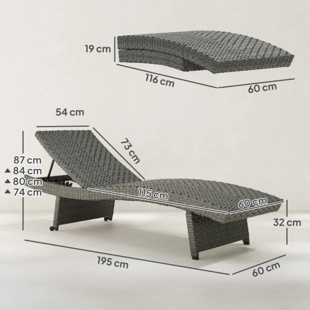 Outsunny Outdoor PE Rattan Sun Lounger, Folding Wicker Garden Lounger Recliner with 4-Level Adjustable Backrest, Rolling Sunbed Lounge Chair with Wheels, Non-Slip Legs for Balcony, Beach