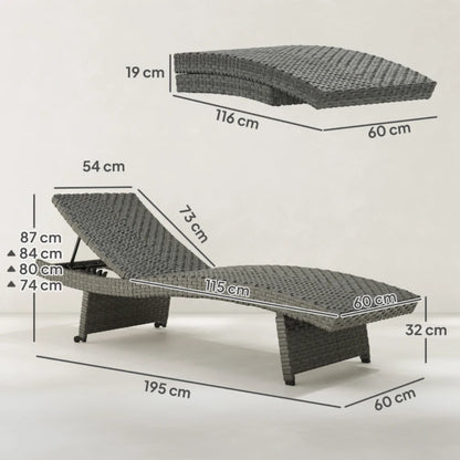 Outsunny Outdoor PE Rattan Sun Lounger, Folding Wicker Garden Lounger Recliner with 4-Level Adjustable Backrest, Rolling Sunbed Lounge Chair with Wheels, Non-Slip Legs for Balcony, Beach