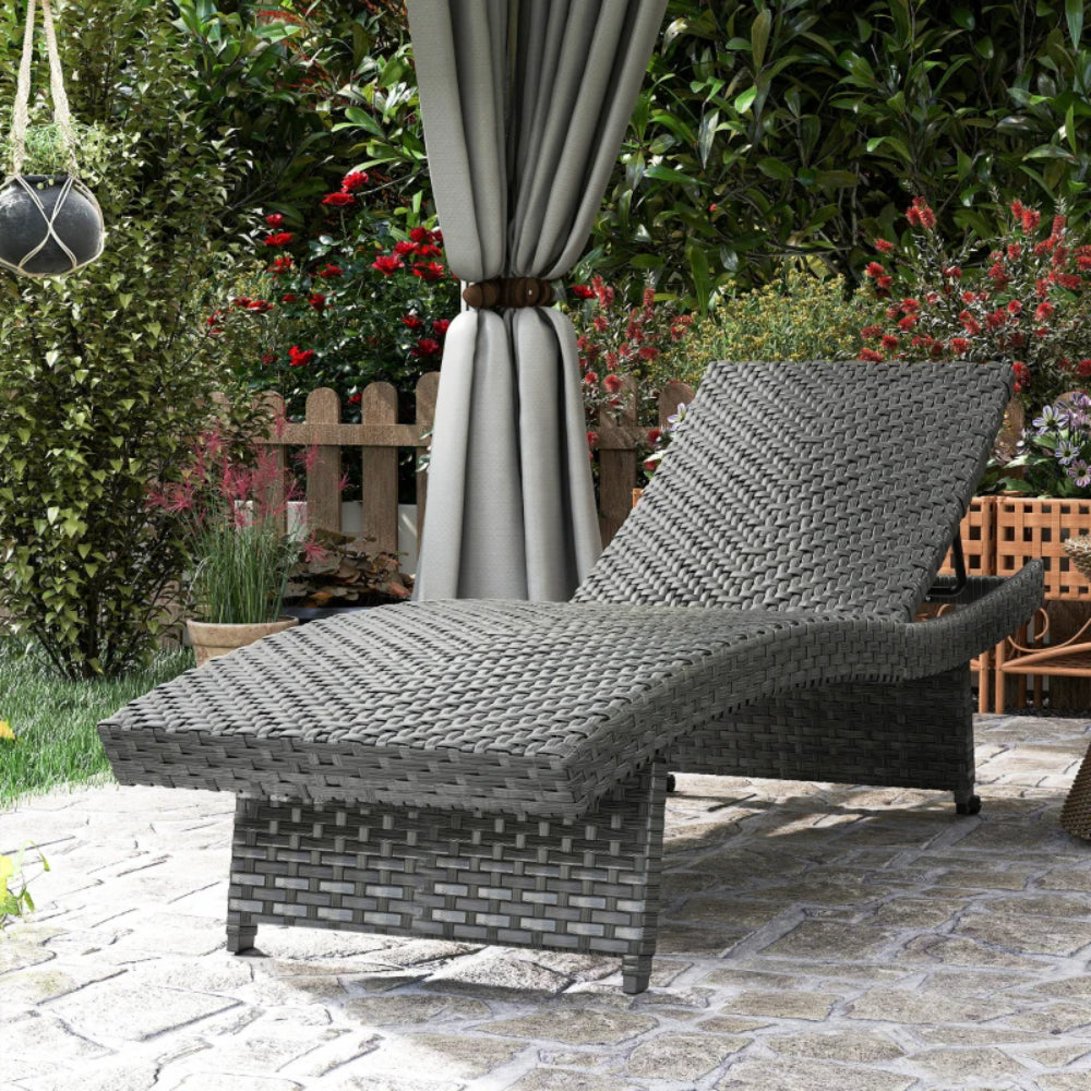 Outsunny Outdoor PE Rattan Sun Lounger, Folding Wicker Garden Lounger Recliner with 4-Level Adjustable Backrest, Rolling Sunbed Lounge Chair with Wheels, Non-Slip Legs for Balcony, Beach